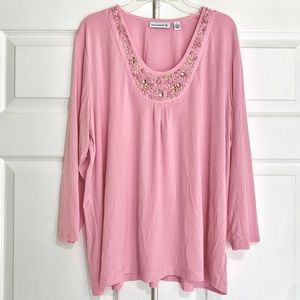 Susan Graver Liquid Knit U-neck Embellished 3/4 Sleeve Top, Light Pink, Lg, NWOT